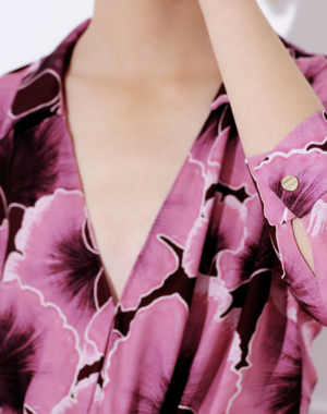 Printed satin midi dress with shirt neck and puff sleeves – CINTA PRINTED DRESS