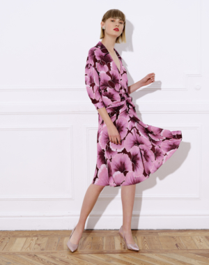 Printed satin midi dress with shirt neck and puff sleeves – CINTA PRINTED DRESS