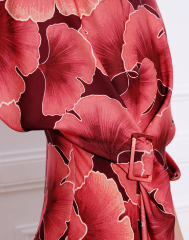 Printed satin midi dress, short Japanese-style sleeve and bateau neckline – CALA PRINTED DRESS